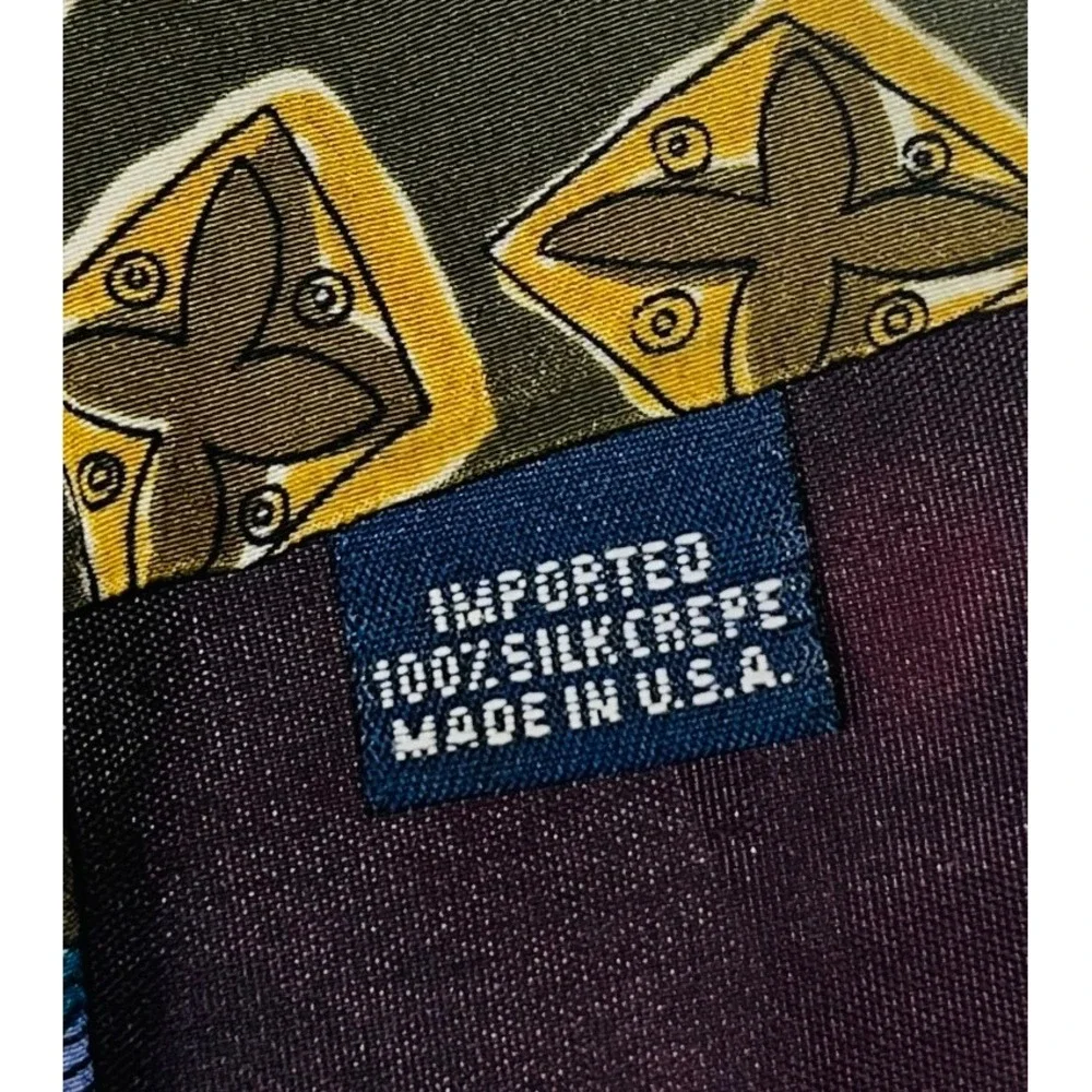 John Henry Mens Silk Crepe Tie Olive Green Geometric Abstract Vintage USA Made